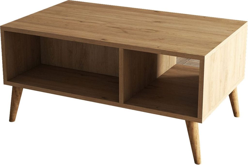 A wooden coffee table with two open compartments and four angled legs, shown against a white background.