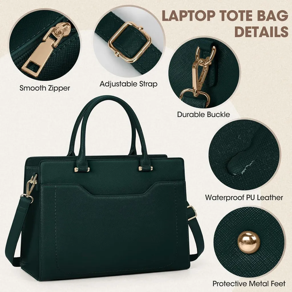 RAINSMORE Sac à Main 15.6 Pouces pour Ordinateur Portable Cuir Vert - 5