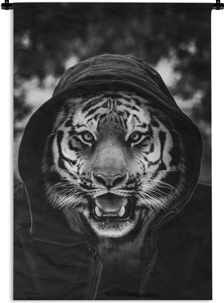 MuchoWow Wandteppich Wandbehang Tiger mit Kapuzenpulli - schwarz und weiß 120x180 cm Tapisserie Dekoration Wandtuch - Schlafzimmer - Dekoratione...