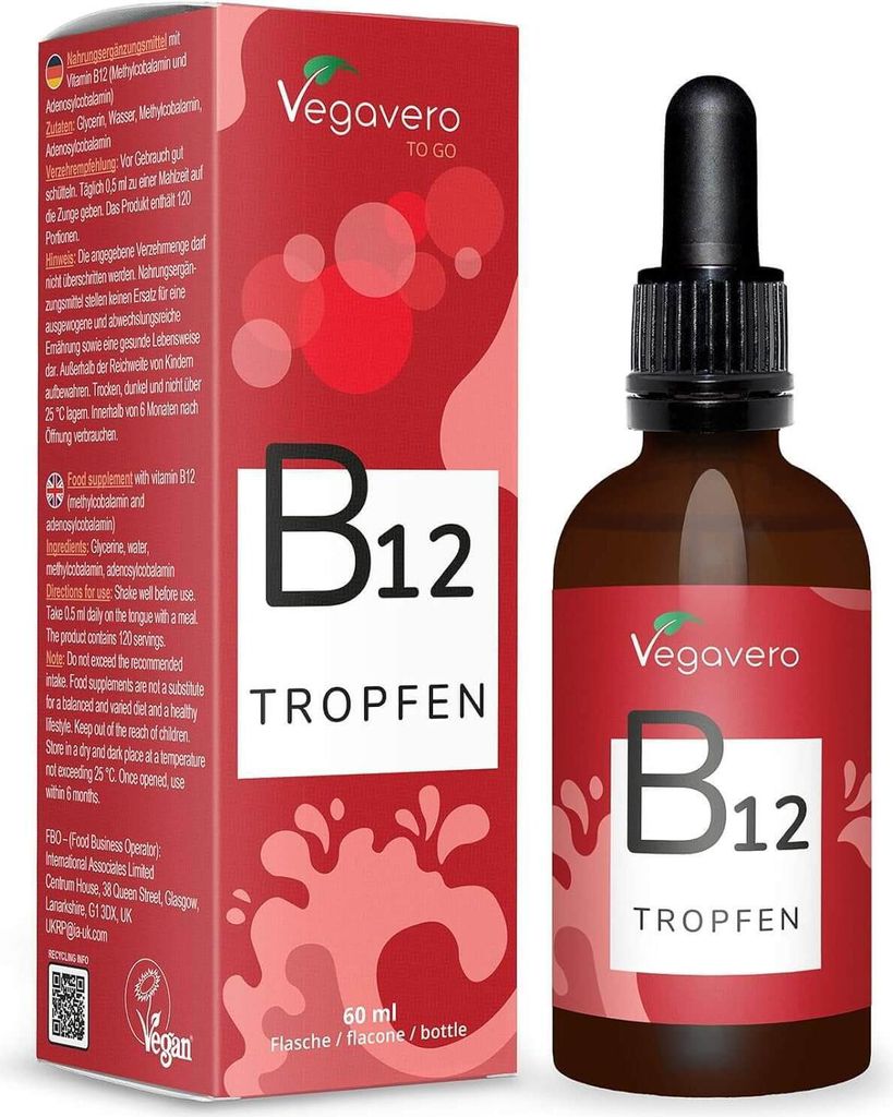 Vegavero Vitamin B12 Tropfen | 60 ml | 120 Portionen | Methylcobalamin und Adenosylcobalamin im Verhältnis 4:1 | vegan