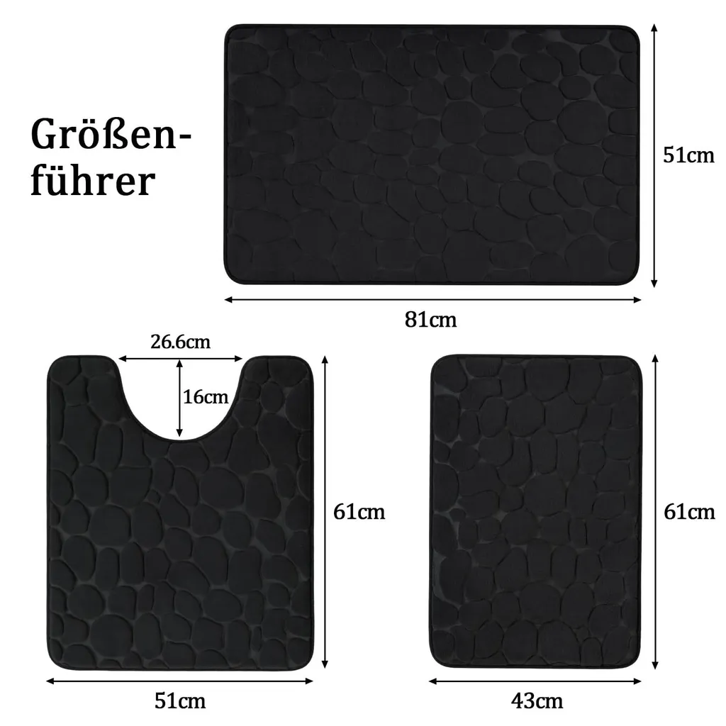 Pack de 3 tapis pour sortie de douche et WC noirs lavables en machine