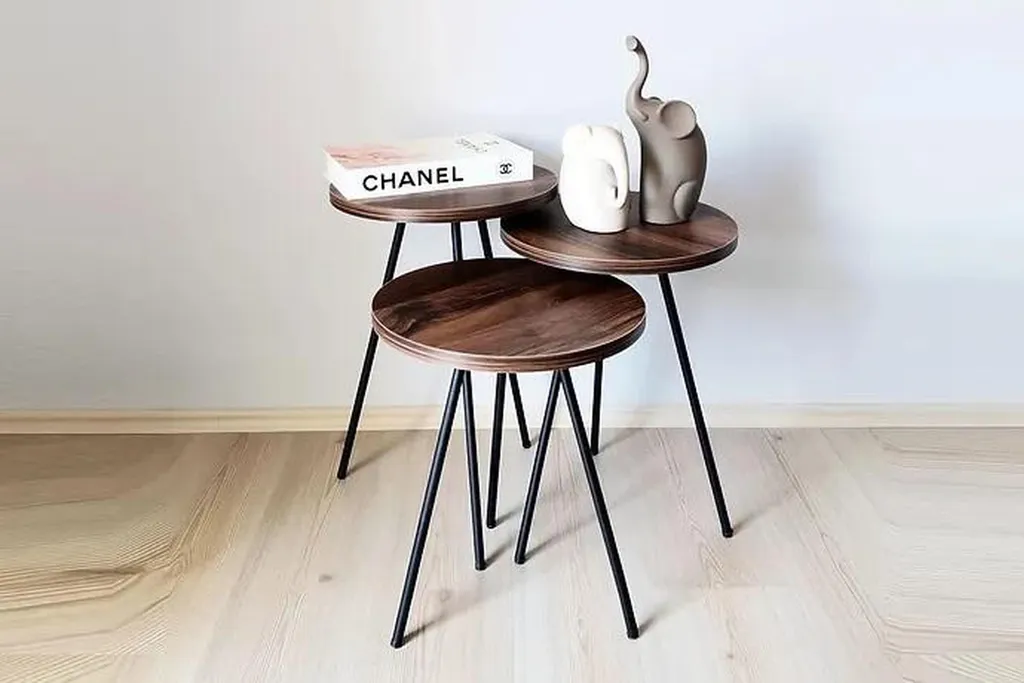 Table basse gigogne ronde en bois foncé lot de 3 pour salon moderne