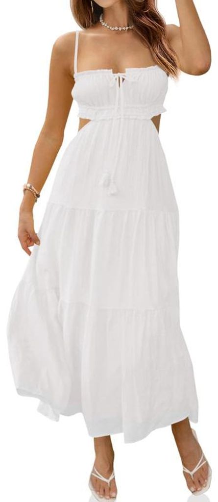 Damenkleid, langes, rückenfreies Kleid im Bohème-Stil mit Spaghettiträgern.