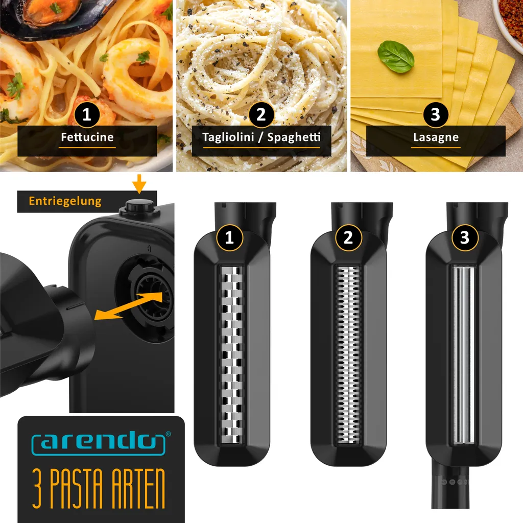 Macchina per la pasta elettrica Arendo 120W, 5 impostazioni di spessore, 14 cm di larghezza della pasta, con rullo per pasta, attacchi per pasta da 2 mm e 6 mm, piedini antiscivolo, per spaghetti, tagliatelle, lasagne - 3