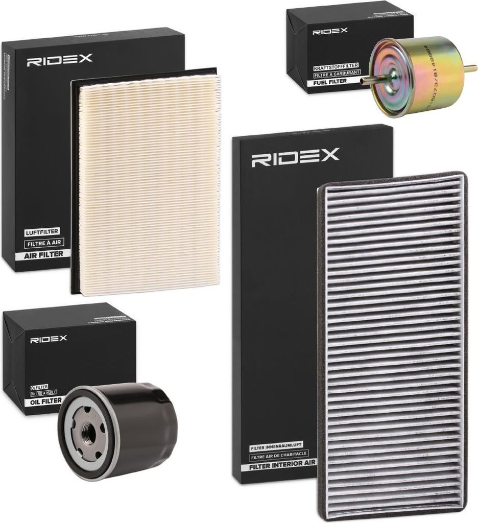 RIDEX Filterset Inspektionspaket Filtersatz für FORD Fiesta Mk4 Schrägheck (JAS, JBS) Fiesta Mk4 (J3S, J5S) für MAZDA 121 III (JASM, JBSM)