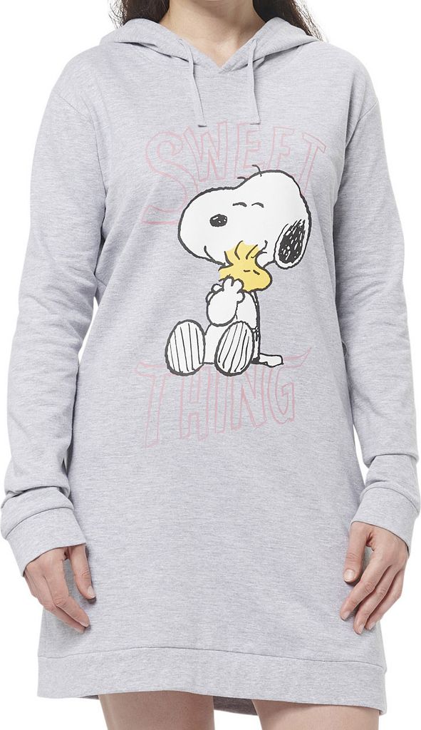 The Peanuts Snoopy Sweatkleid für Damen - Oversize Hoodie Kapuzenpullover lang Sweatshirt langarm Grau L