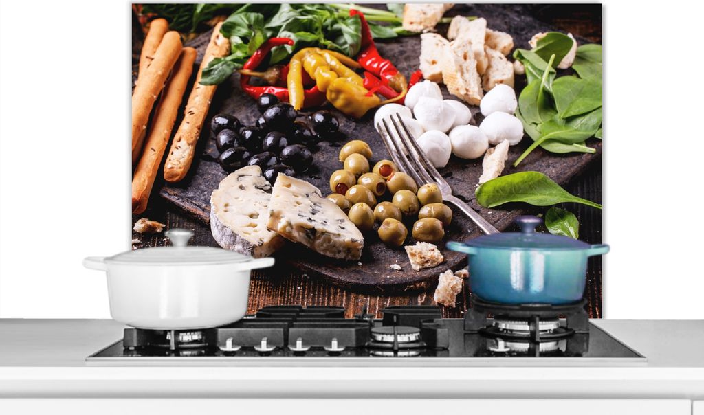 KitchenYeah Spritzschutz Küche - Küchenrückwand - Wandschutz für Herd und Spüle - Lebensmittel - Käse - Paprika 90x60 - Alu-Dibond (Altern...