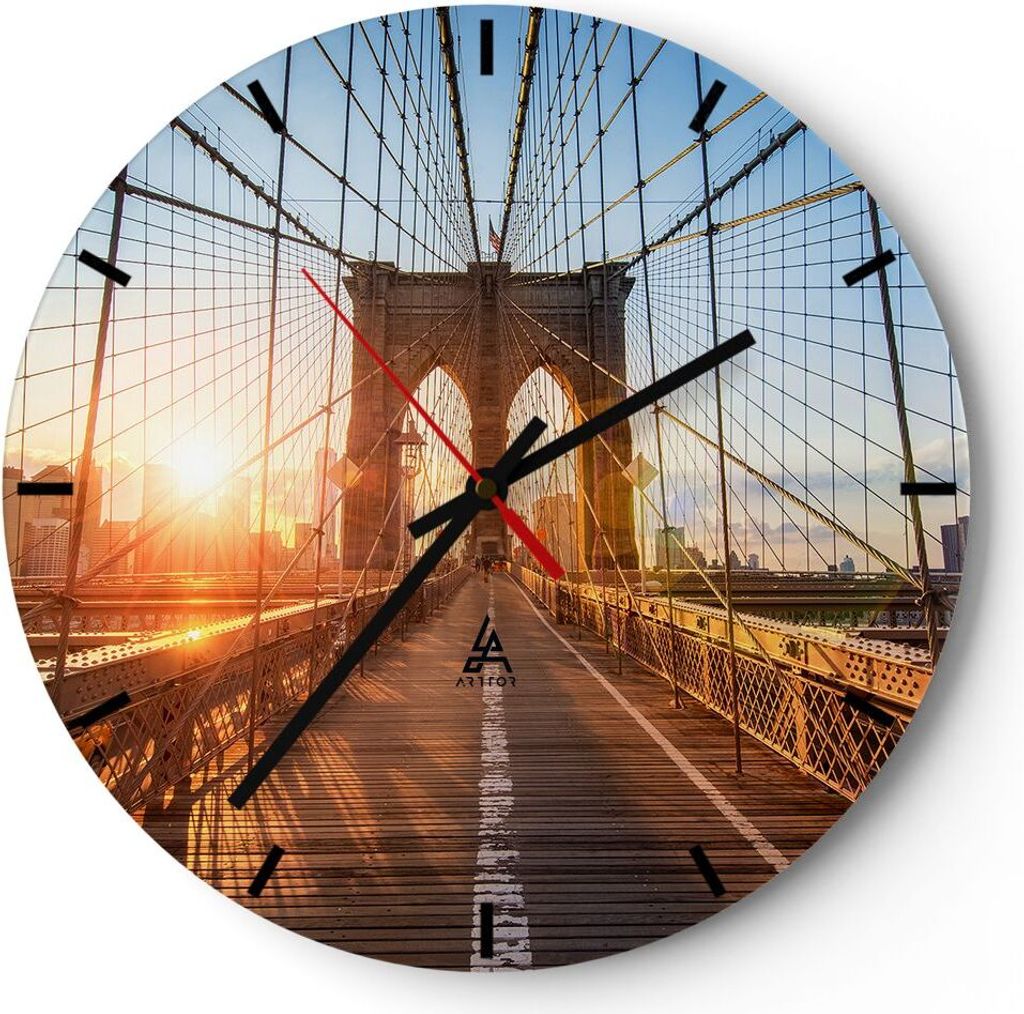 Wanduhr - Rund - Glasuhr - New York Brücke - 40x40cm - Schleichendes Uhrwerk - Lautlos - zum Aufhängen bereit - Dekoration Modern - Wanddekoratio...