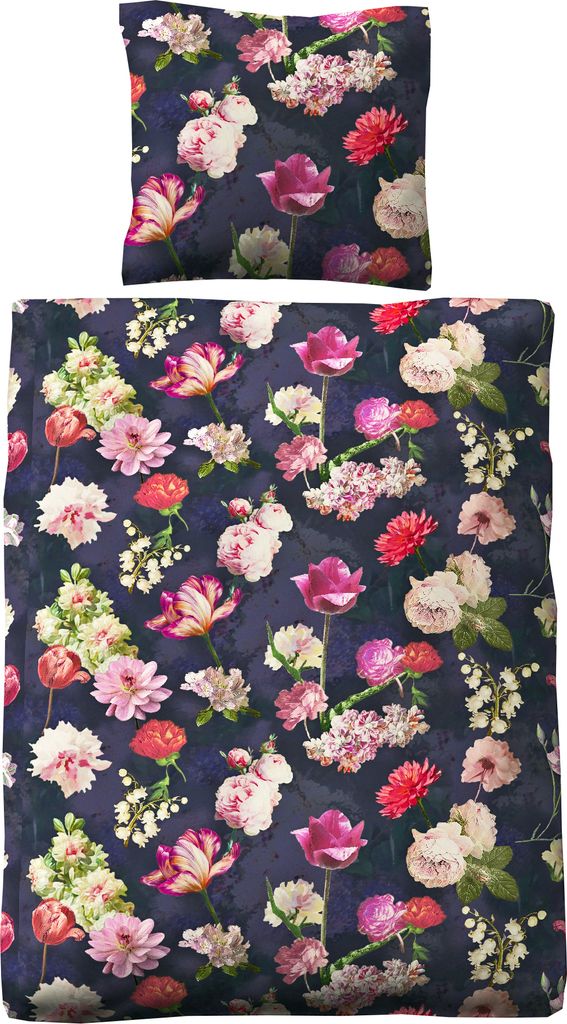A flat lay of a floral patterned duvet cover and pillowcase.