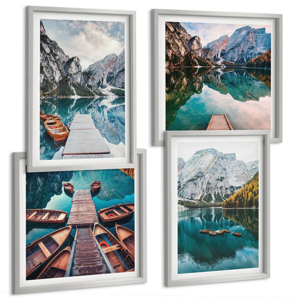 Bilder Set 4-teilig im silbergerahmten Rahmen – Wandbilder 4 Stück – gerahmte Poster für Wohnzimmer, Schlafzimmer und Flur – 50x50 cm - 40x...
