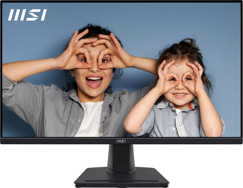 A woman and a child making funny faces with their hands over their eyes, displayed on an MSI monitor.