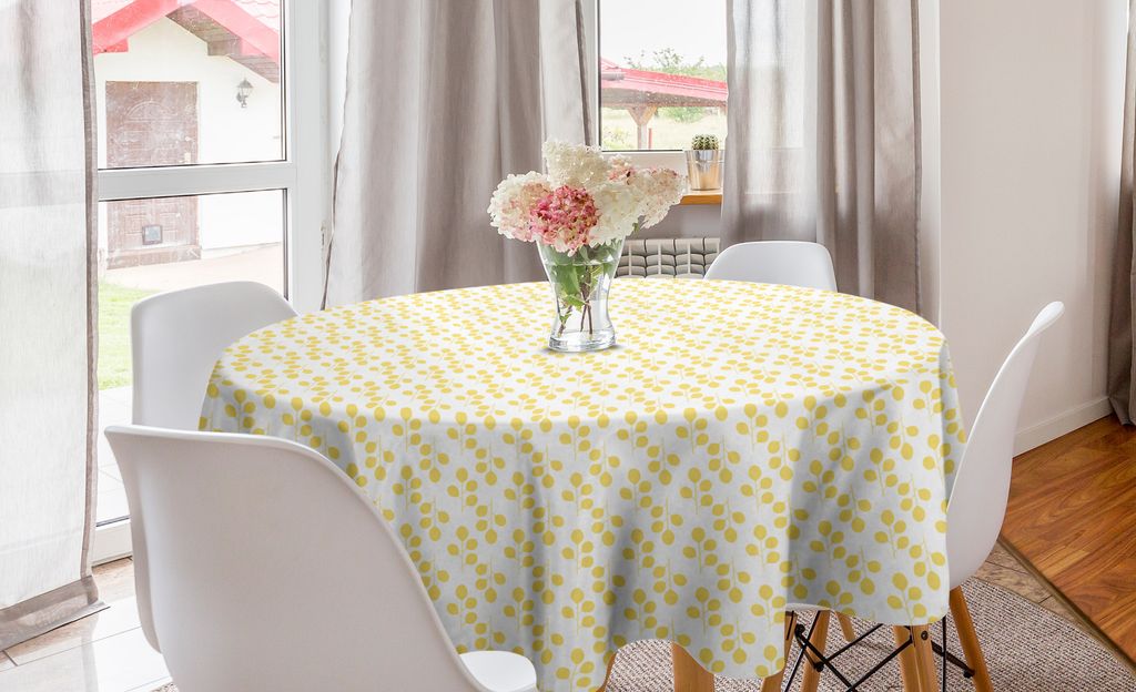 ABAKUHAUS Botanisch Runde Tischdecke, Sommer-Ton Blattmotive, Kreis Tischdecke Abdeckung für Esszimmer Küche Dekoration, 150 cm, Blassgelb Weiß