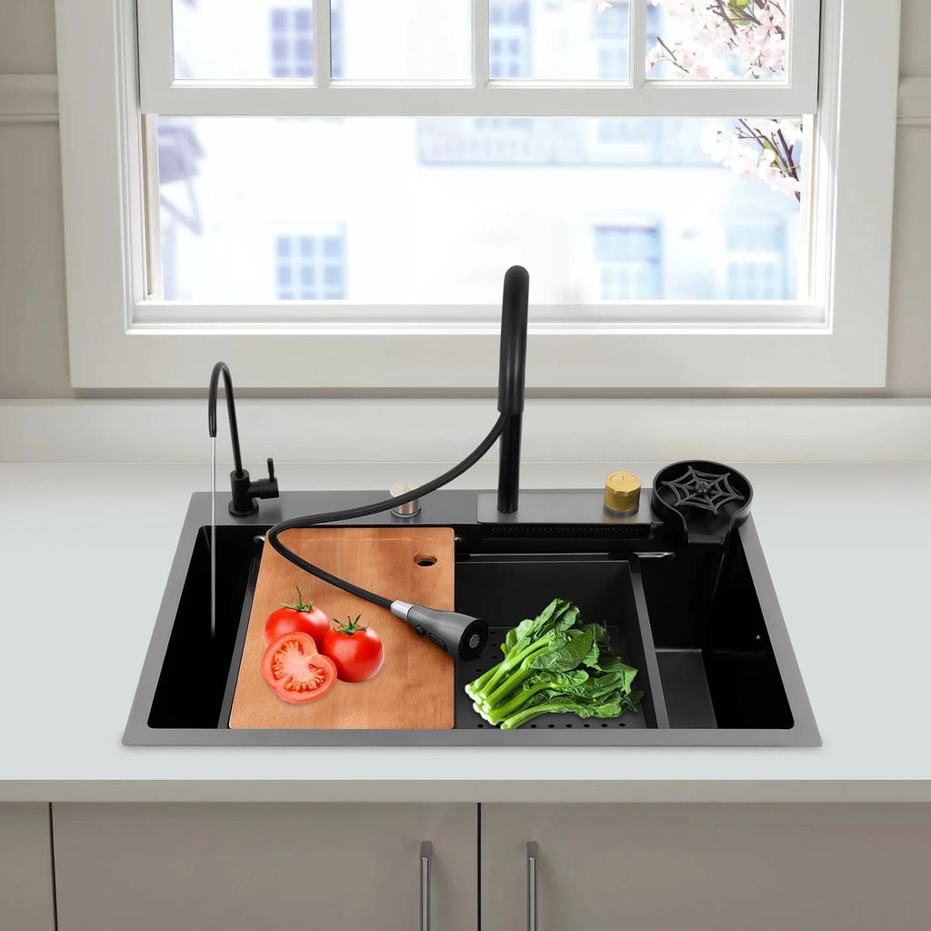 Küchenspüle - Einzelbecken mit Armatur - 68×45×21 cm - 4 Loch - Aufsatz- oder flächenbündig - Ausziehbare Armatur 30 cm - Edelstahl mit Nano-...