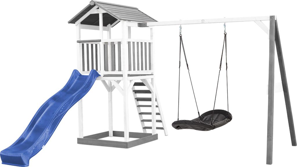 AXI Beach Tower Spielturm aus Holz in Weiß & Grau | Spielhaus für Kinder mit blauer Rutsche, Nestschaukel und Sandkasten | Stelzenhaus für den G...