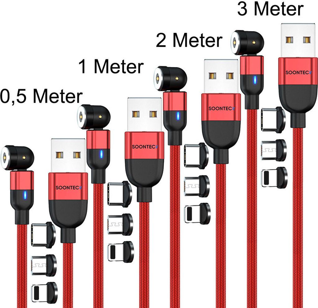 Magnet Ladekabel 4er Set (0,5 Meter+1 Meter+2 Meter+3 Meter) SOONTEC Magnetladekabel drehbar 360°&180° mit je 3 Stecker Micro USB/ USB-C/ Lightni...