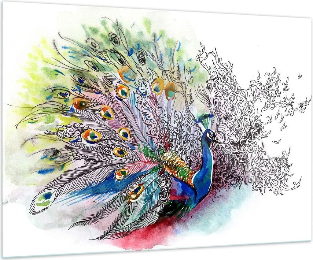 Bilder auf glas - Pfau Feder Farbe - 100x70cm - Glasbilder - Wandbilder - Kunstdruck - zum Aufhängen bereit - Wanddekoration aus Glas - Glas Bilde...