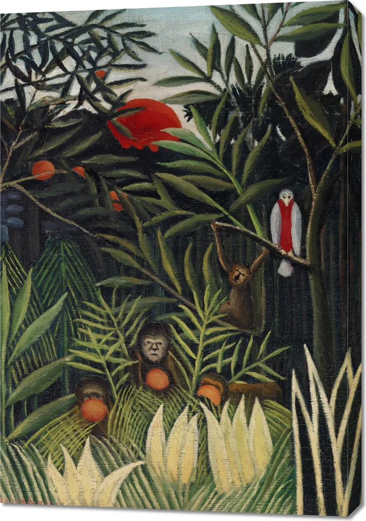 Tableau Vintage Monkeys and Parrot Rousseau 70x100 cm Toile Haute Qualité