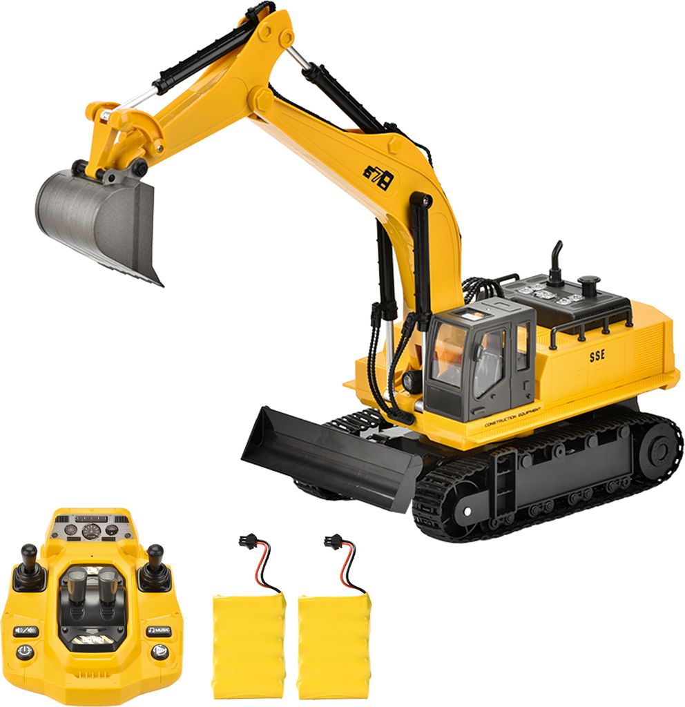 Ferngesteuertes Bagger- und Bulldozer-Spielzeug, 15-Kanal-Baufahrzeuge mit Lichtern und Geraeuschen, 2 Batterien, Geburtstagsgeschenk fuer Jungen u...