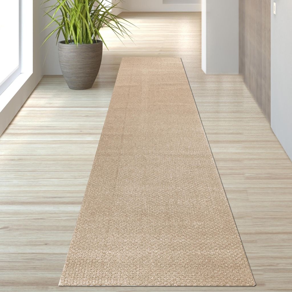 Minimalistischer Wohnzimmerteppich Schlichtes Streifenmuster weich pflegeleicht in Beige Größe - 80 x 300 cm