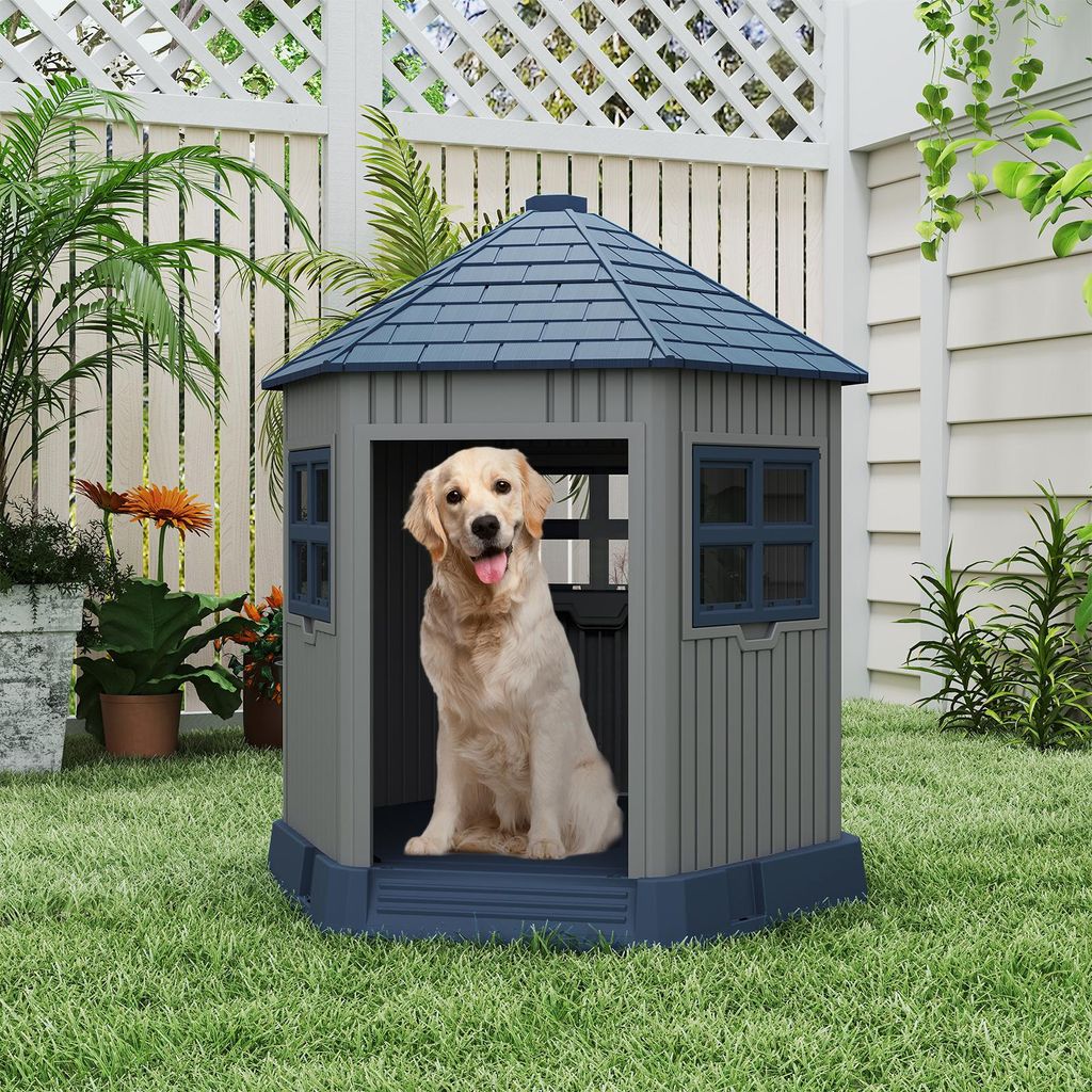 COSTWAY Hundehütte Outdoor, Katzenhaus für draußen, winterfestes Hundehaus aus PP, Haustierhaus mit großer Eingang, 2 Fenstern & Schrägdach, s...