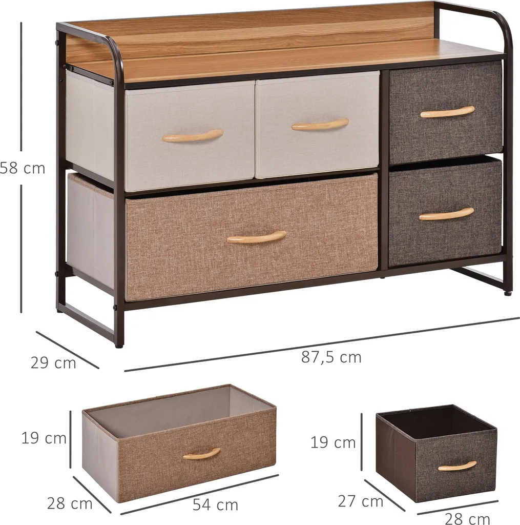HOMCOM Commode de Rangement 5 Tiroirs en Tissu 88cm Marron et Beige