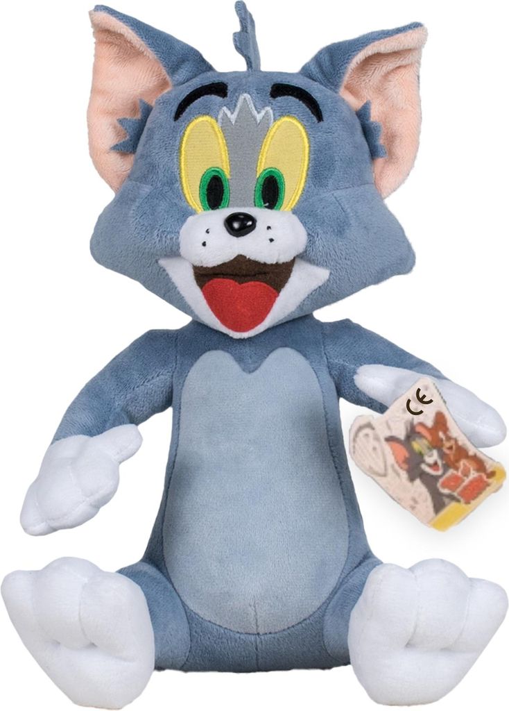 A plush toy of the cartoon character Tom from Tom and Jerry, sitting and holding a small tag.