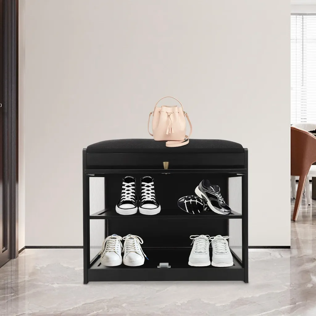 Banc à chaussures noir 2 étages avec coussin confortable - Dim 80cm - 10