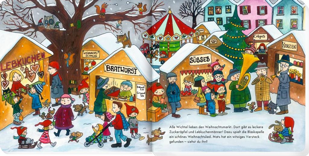 A busy winter Christmas market scene with stalls selling gingerbread and sausages, a carousel, and people enjoying the festivities.