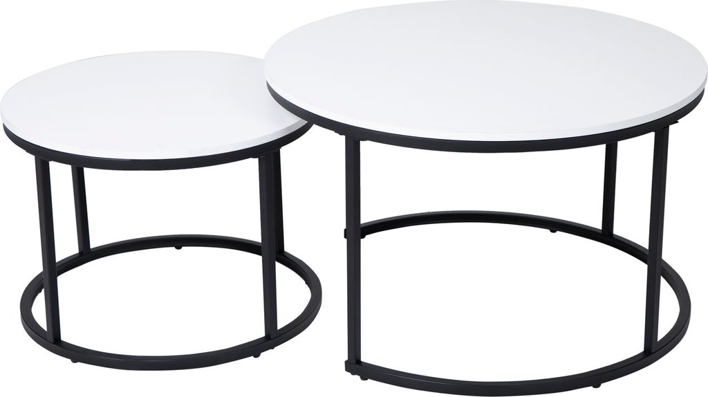 Two round nesting coffee tables with white tops and black metal frames are shown against a white background.