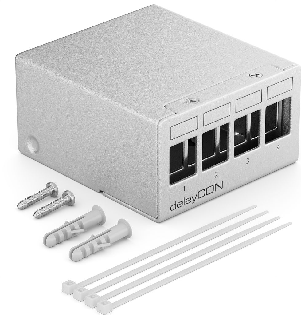 deleyCON 4 Port Patchpanel Gehäuse 1HE für 14,9mm x 17mm Keystone Module mit z.B. RJ45 Koaxialstecker BNC F-Stecker Antennenstecker RJ-11 Cinch K...