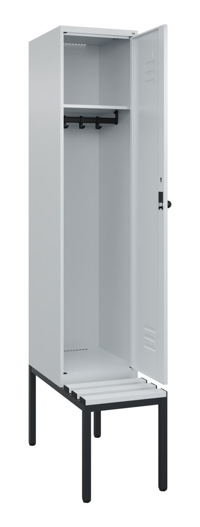 Garderobenschrank, untergeb. Sitzbank, BxTxH 400x500x2120 mm, 1 Abteil, Abt.B 400 mm, Kunststoffleisten, Drehriegel, RAL 7035
