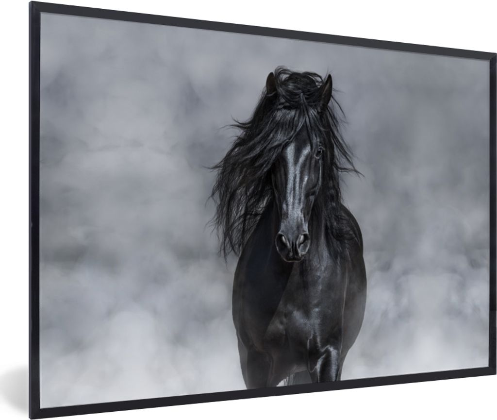 MuchoWow MuchoWow Gerahmtes Poster Pferd - Schwarz - Smoke 90x60 cm - Poster mit zchwarzem Bilderrahmen - Fotorahmen - Foto-Plakat