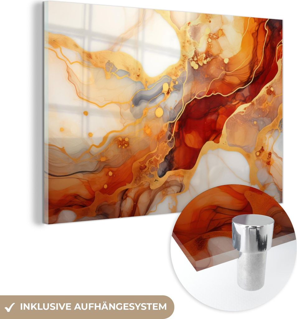 MuchoWow Glasbilder - Bilder auf Wandbild - Foto auf Glas Marmor - Orange - Gold - Modern - Abstrakt 60x40 cm Wanddekoration aus Glas - Acrylglasbi...