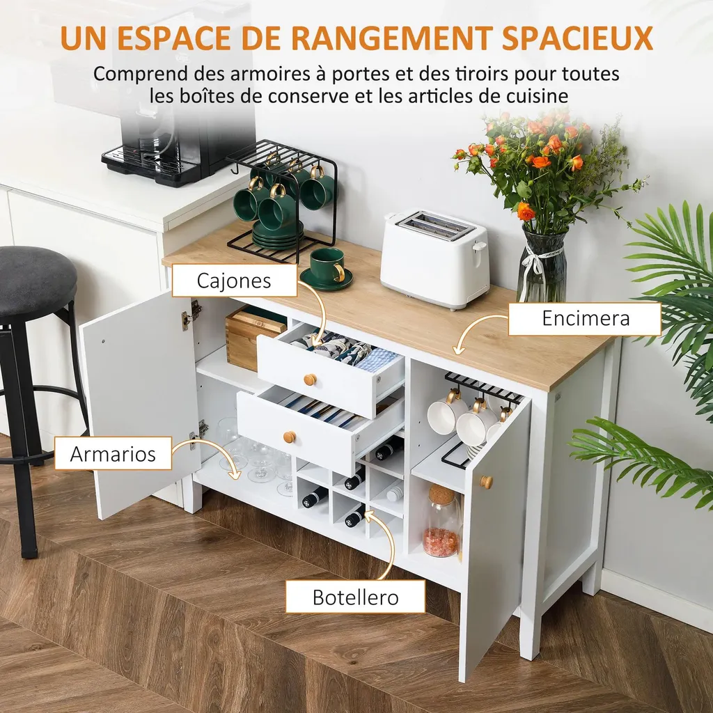 Meuble de cuisine bas blanc avec range-bouteilles et tiroirs polyvalents - 3