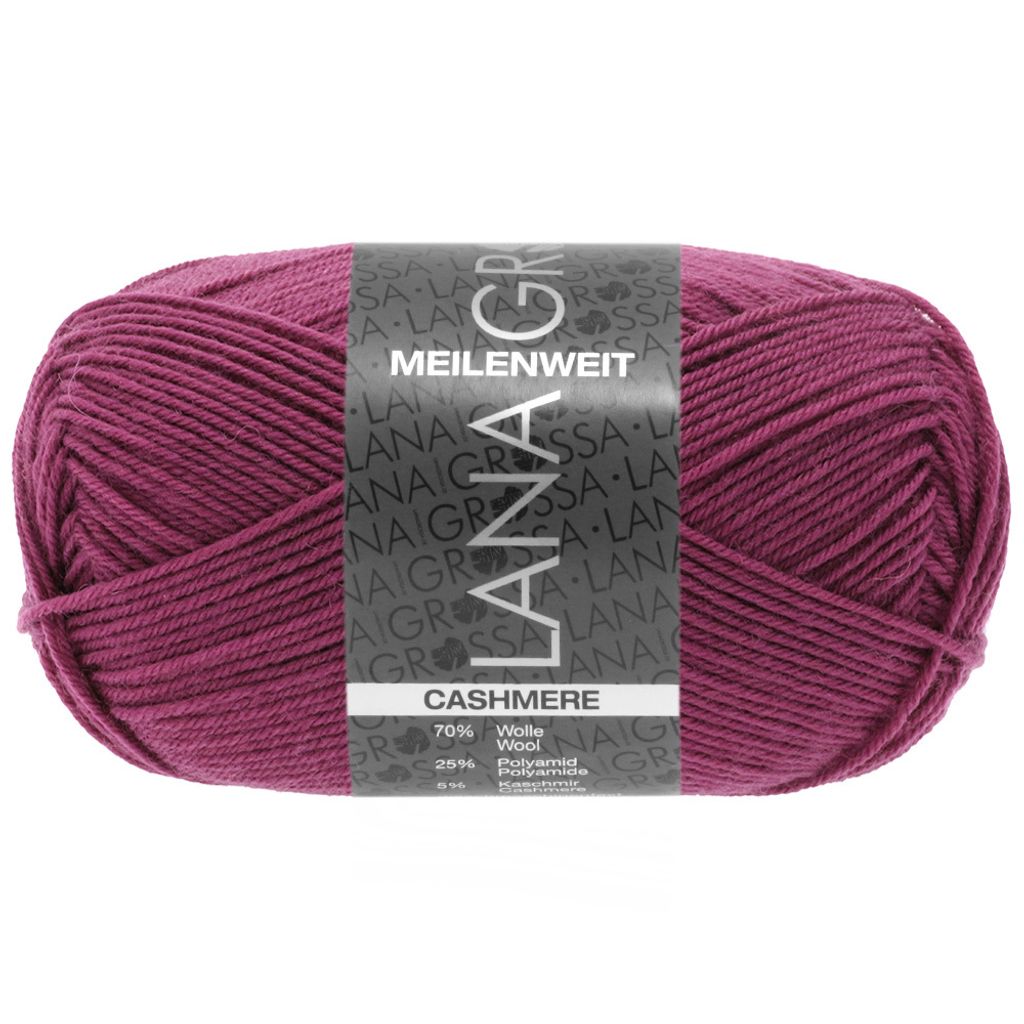 A ball of fuchsia-colored yarn with a label.