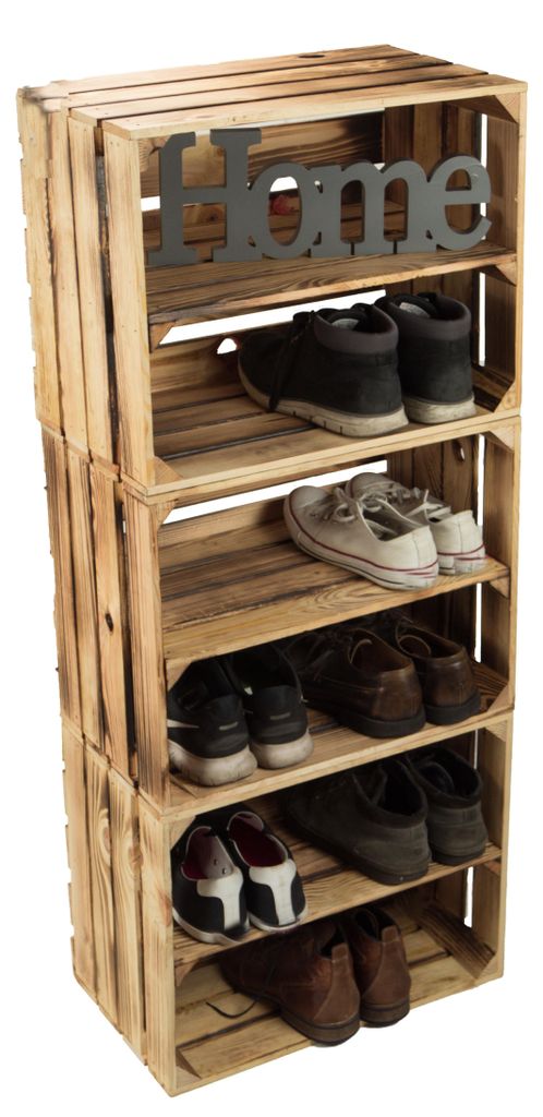 3 x Schuhschrank Schuhregal aus geflammten Holzkisten Produktbild 