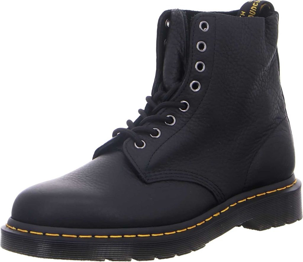 A black leather boot on a white background.