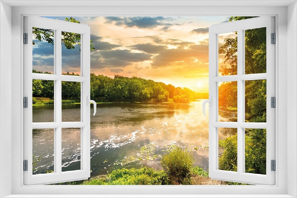 Wallario Poster mit Fenster-Illusion: Sonnenuntergang am Fluss in grüner Umgebung, Größe: 100 x 150 cm