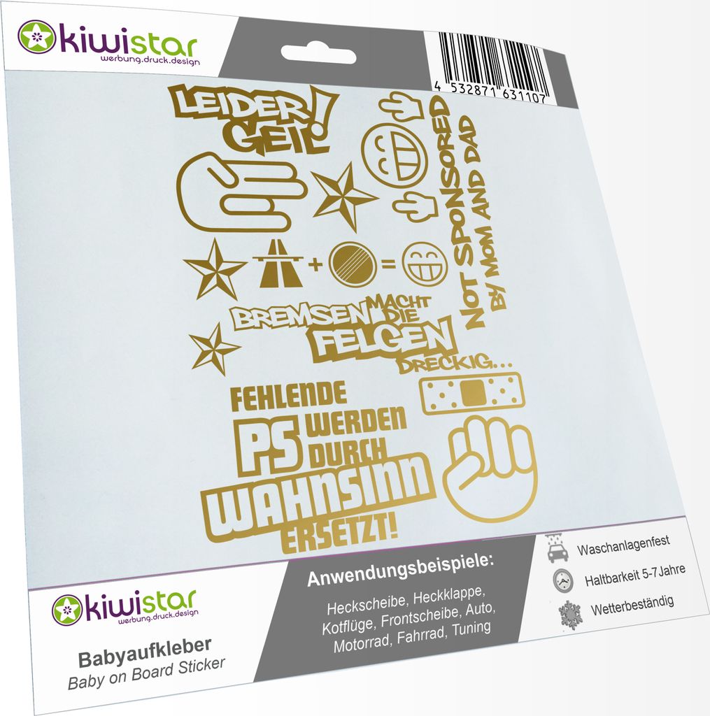 Kiwistar Sticker Set 01 - Bogengröße: A3 Bremsen...Felgen..., Shockerhand, Autobahnfreak, Fehlende PS..., Leider Geil.