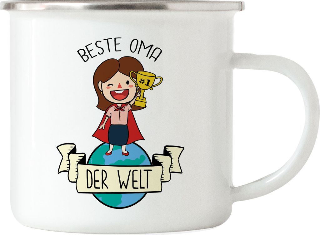 Beste Oma der Welt Emaille Tasse Omi Großmutter Geschenkidee Geburtstag Enkel Enkelin Enkelkinder