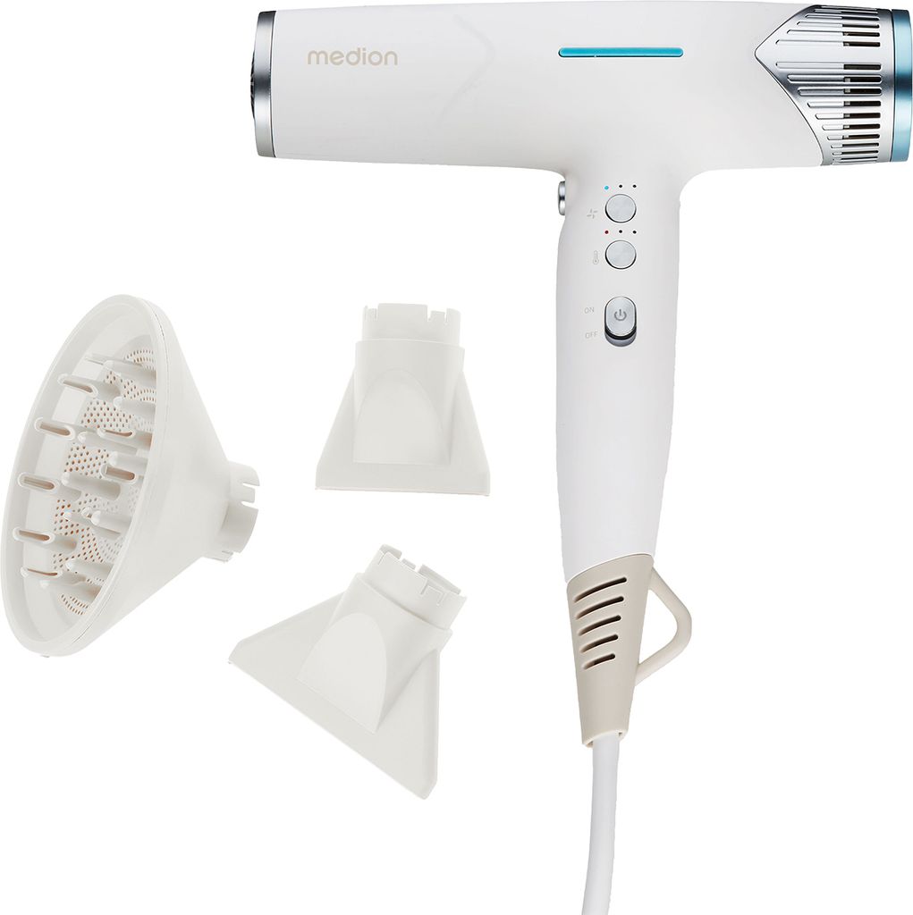 A white Medion hair dryer with three attachments is displayed against a white background.