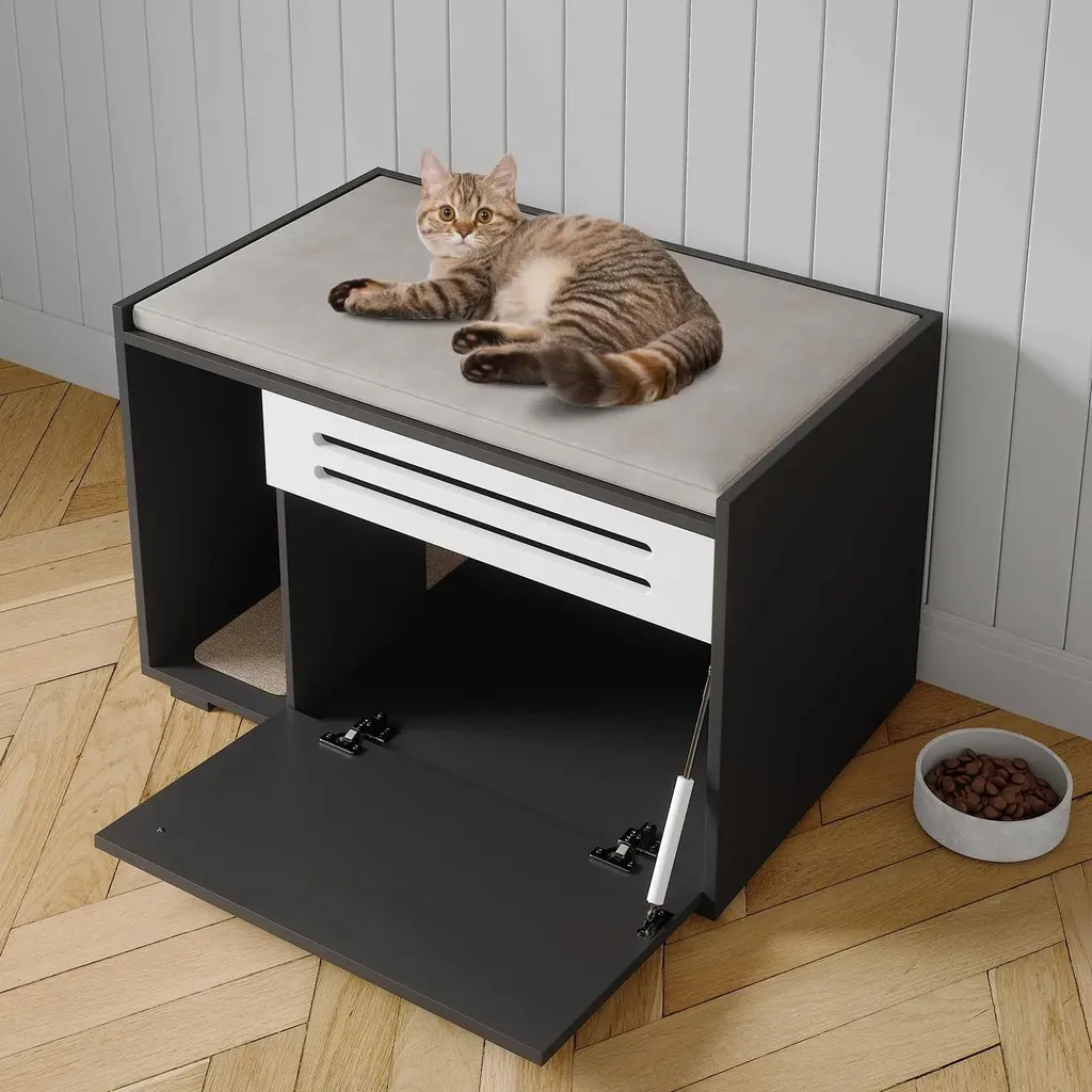 Armoire pour litière chat et table d'appoint 2-en-1 en bois noir