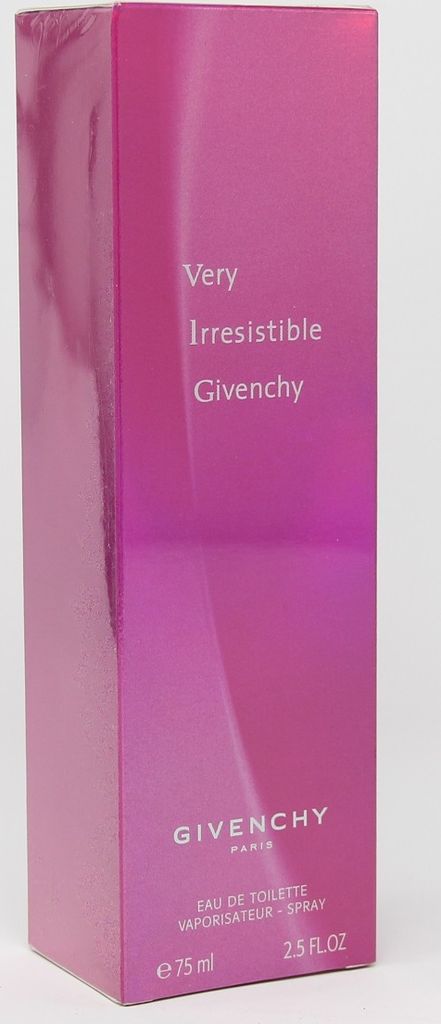 A pink and purple box for Givenchy Very Irresistible perfume.