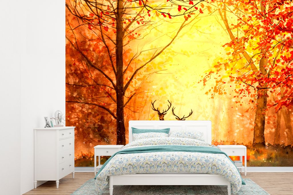 MuchoWow Fototapete für Wohnzimmer oder Schlafzimmer Wandtapete Vinyl Motivtapete Natur - Ölfarbe - Hirsche - Tiere - Herbst - Orange - 415x300...