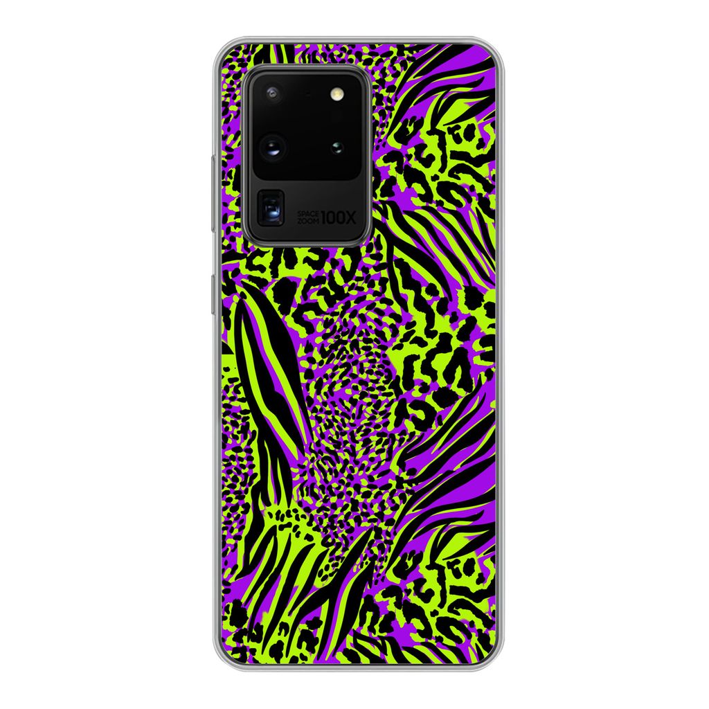 MuchoWow Handyhülle Schutzhülle Hülle für Samsung Galaxy S20 Ultra Tiermuster - Zebra - Neon - Lila Silikon Softcase Handy Hülle - Karteninh...