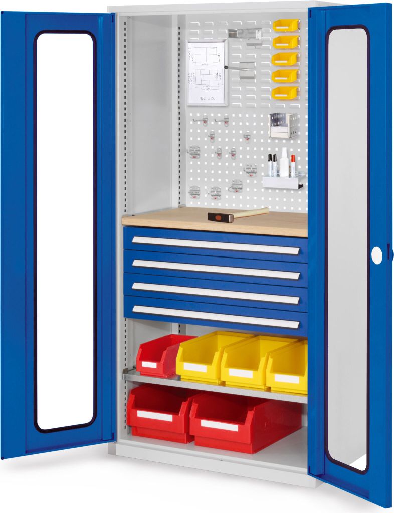 Werkzeugschrank, Türen mit Sichtfenster, 1 Werkbankplatte, 4 Schubl. + 1 Fachb., BxTxH 1000x600x1950 mm, RAL 7035/5010