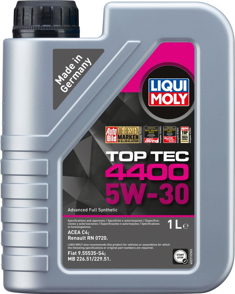 A bottle of Liqui Moly Top Tec 4400 5W-30 engine oil.