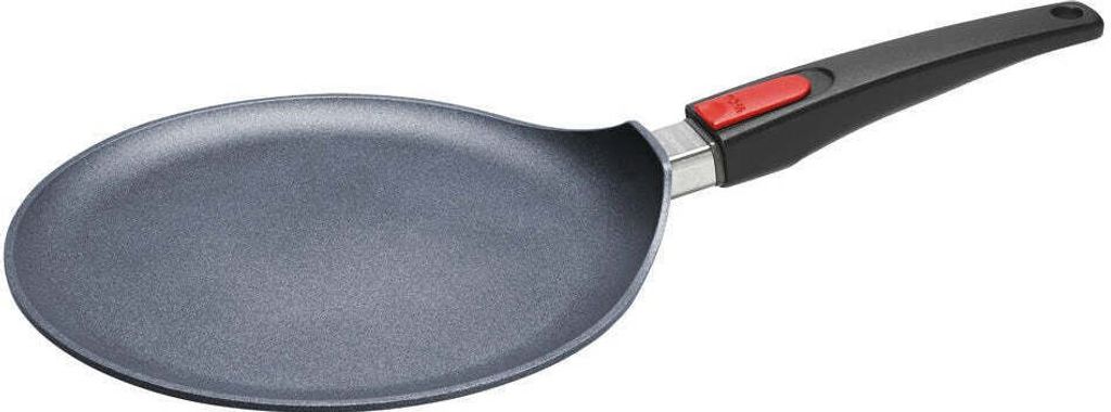 A close-up, studio shot of a crepe pan against a white background.