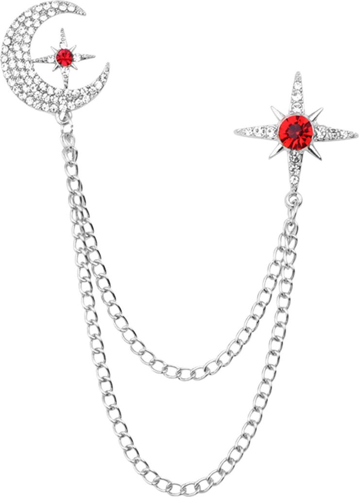Stern Mond Brosche Schillernde Strass Intarsien Hängende Kette Elegante Männer Frauen Anzug Revers Kragen Pin Mode Schmuck-Silberrot