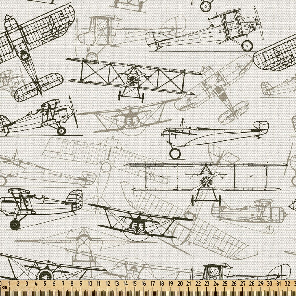 ABAKUHAUS Flugzeug Gewebe als Meterware, Altmodische Flugzeuge Collection Hand gezeichnete Art Vintage Transport, 5 M (148 x 500 cm), Olivgrün Tan